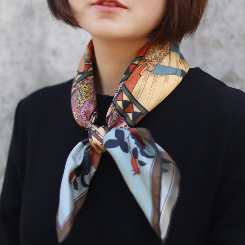 明亮的星系列藝術家原創真絲斜紋綢65cm復古小方巾 - 丝巾 - 丝．绢 蓝色