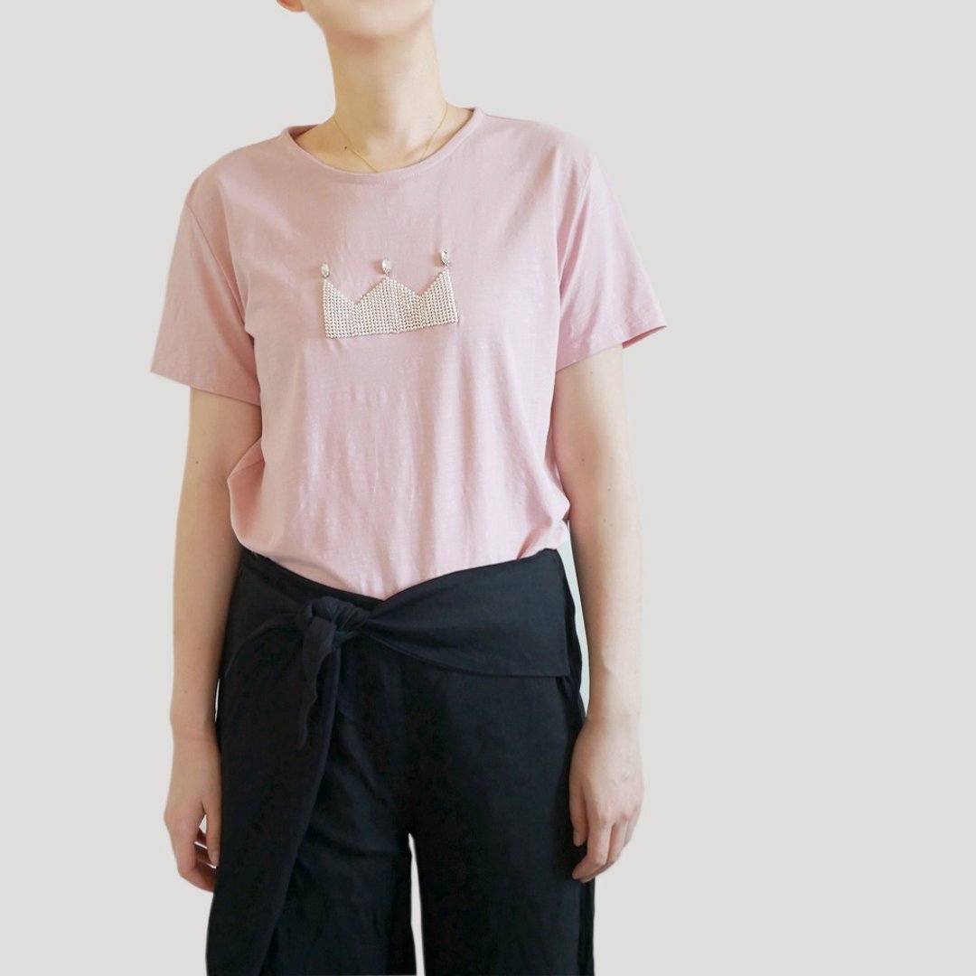粉色竹节棉绣珠棉质T-shirt - 女装 T 恤 - 棉 粉红色