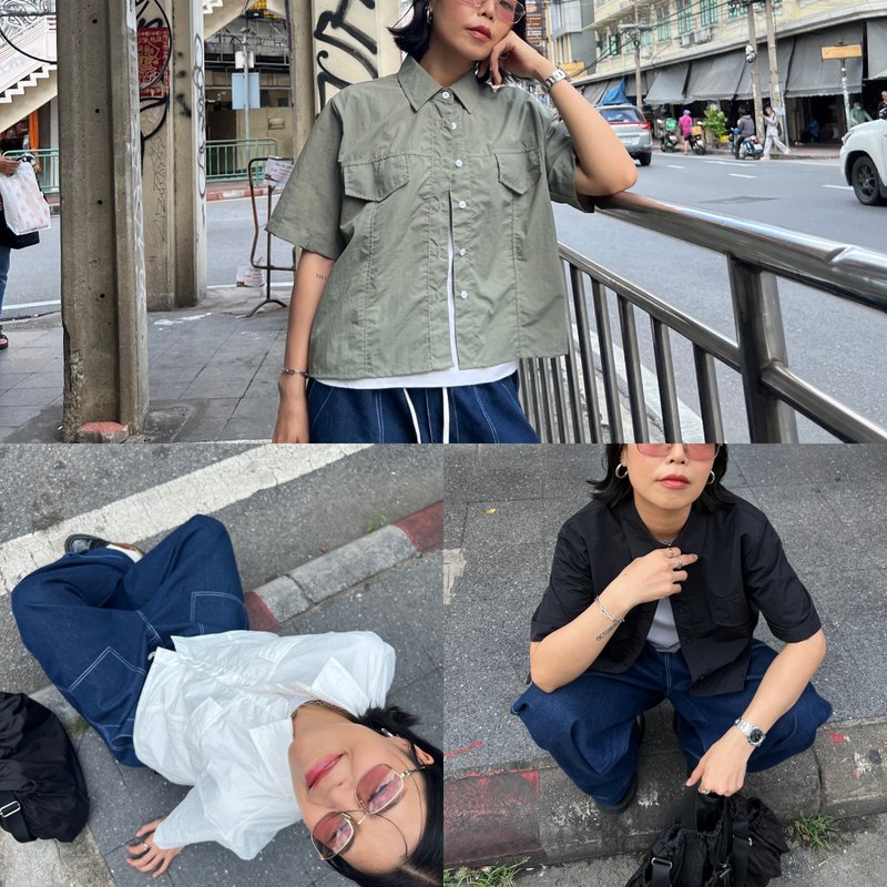 短袖短版衬衫 - 女装衬衫 - 尼龙 白色