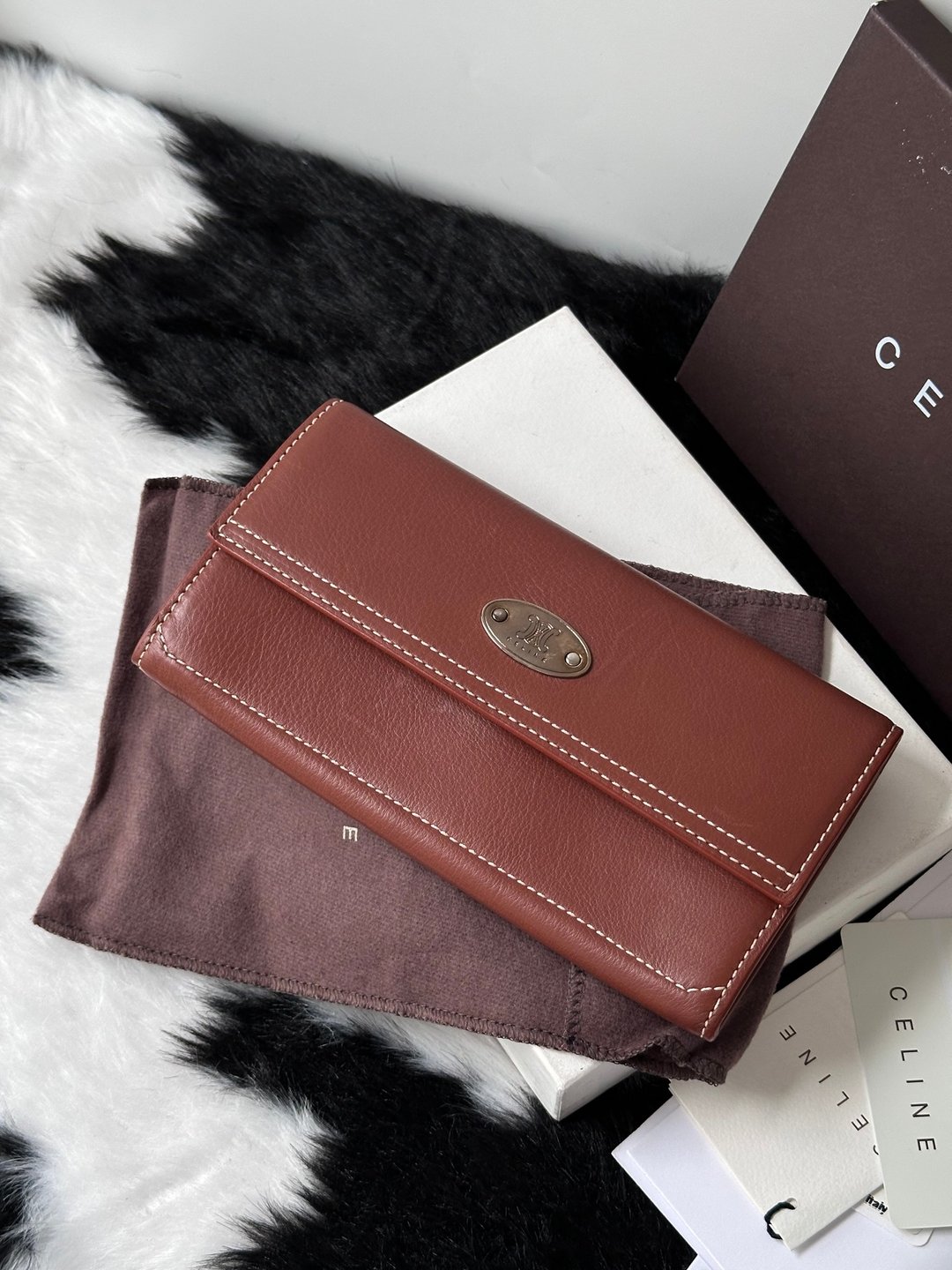 中古品 CELINE 赛琳 复古 朱古力色 小牛皮长银包 - 皮夹/钱包 - 真皮 咖啡色