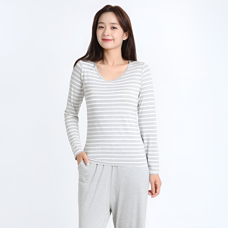 Pink Lady 罩杯式 莫代尔棉无钢圈 条纹圆领外穿长袖长裤居家睡衣 - 居家服/睡衣 - 其他人造纤维 灰色