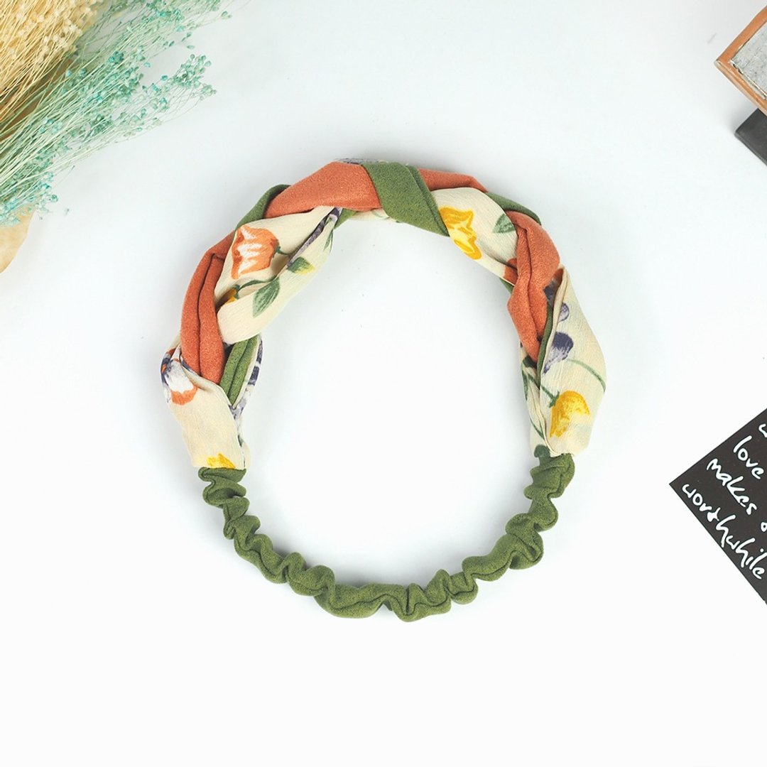 小牛村 手工弹性发带 编织 古典 森林【橘绿花藤】米黄 AW-08 - 发饰 - 棉 黄色