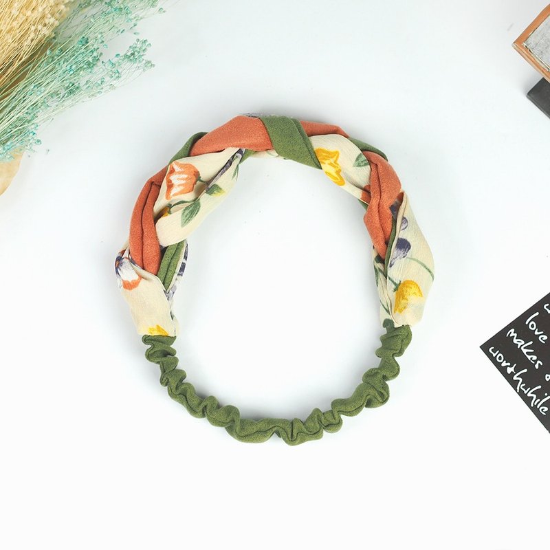 小牛村 手工弹性发带 编织 古典 森林【橘绿花藤】米黄 AW-08 - 发饰 - 棉．麻 黄色