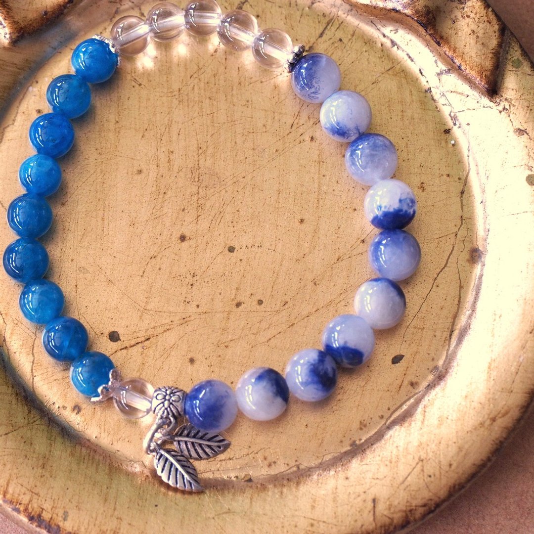 蓝线石 磷灰石 白水晶 纯银 手环  Dumortierite Silver Bracelet - 手链/手环 - 半宝石 蓝色