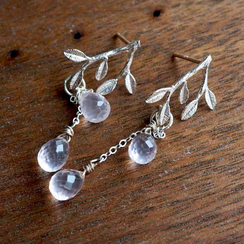 樱茶 | 粉水晶纯银树叶耳环 - 耳环/耳夹 - 水晶 