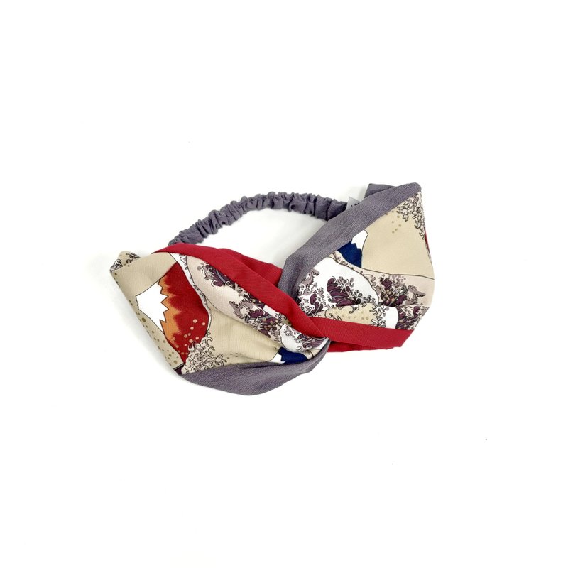 小牛村 弹性发带 灰红拼接 日系复古 / 暮红富士山 - 发饰 - 棉．麻 红色