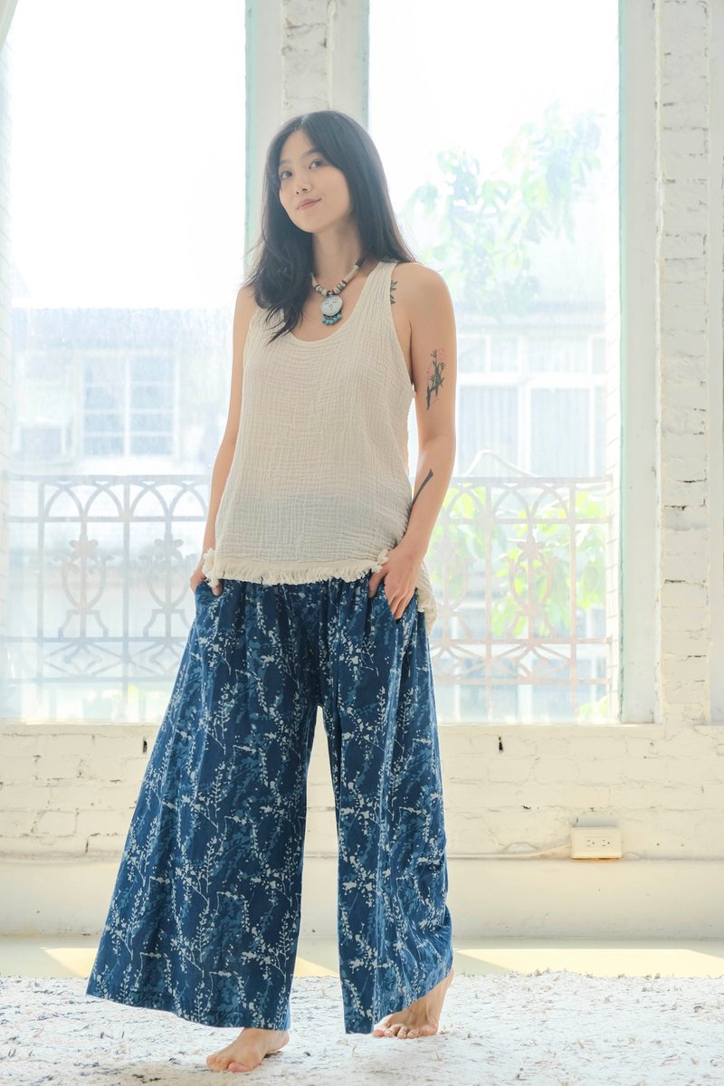 葶苈 宽裤 - 男士长裤 - 棉．麻 蓝色