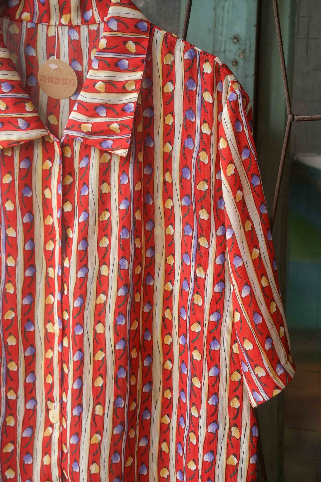 纯情百货行 Vintage 古着 古着衬衫 LS027 直条小花边衬衫 - 女装衬衫 - 聚酯纤维 红色