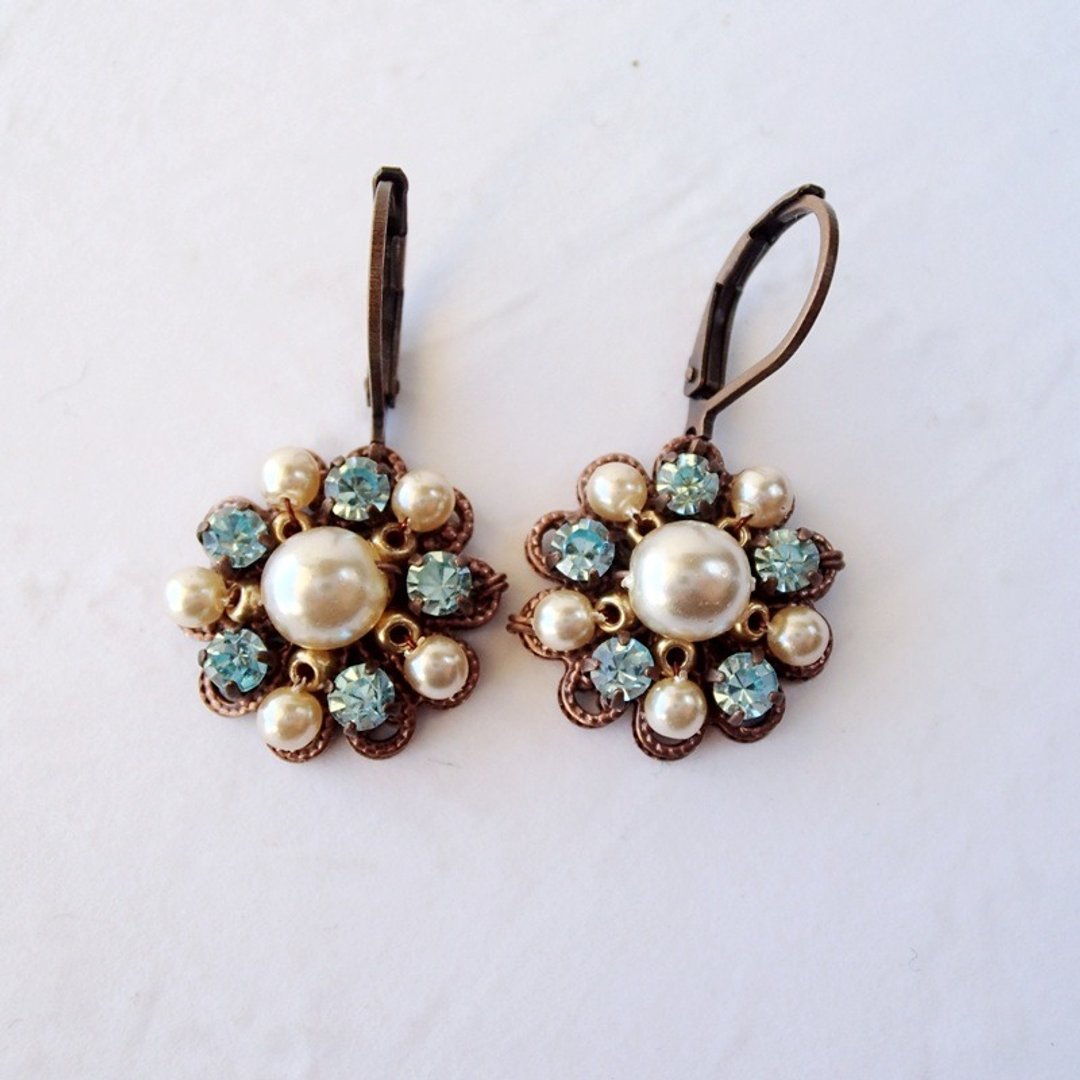 Aqua Blue Rhinestone Dangle Earrings with Pearls - Jewelry by mdmButiik - 耳环/耳夹 - 玻璃 蓝色