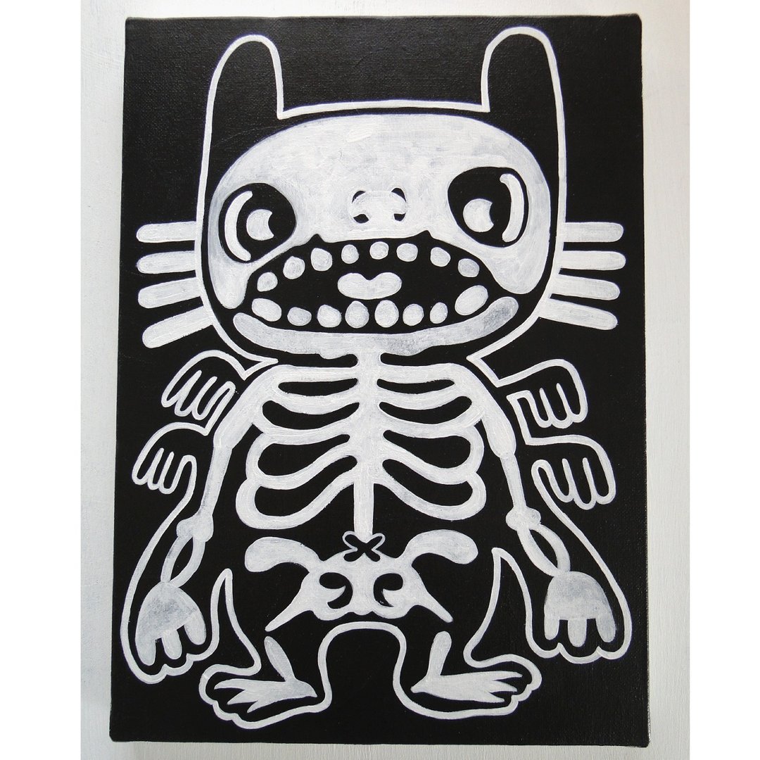 猫与骨头涂鸦艺术原画画布画怪物动物画单色 - 海报/装饰画/版画 - 颜料 黑色