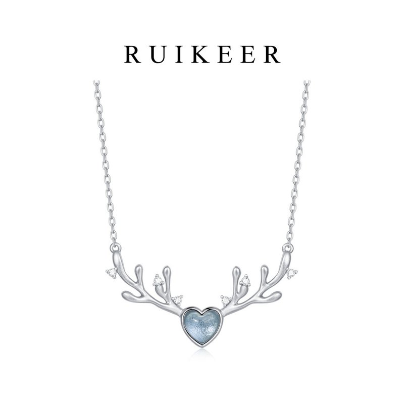 925纯银镀白金天然蓝尖晶爱心驯鹿角项链 - 项链 - 纯银 蓝色