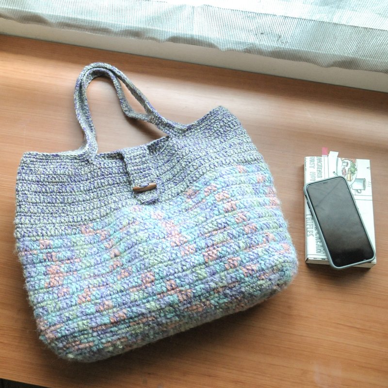 芋头花卷毛线混编包/毛线麻绳编织/肩背包/编织包/托特包 - 手提包/手提袋 - 棉．麻 卡其色