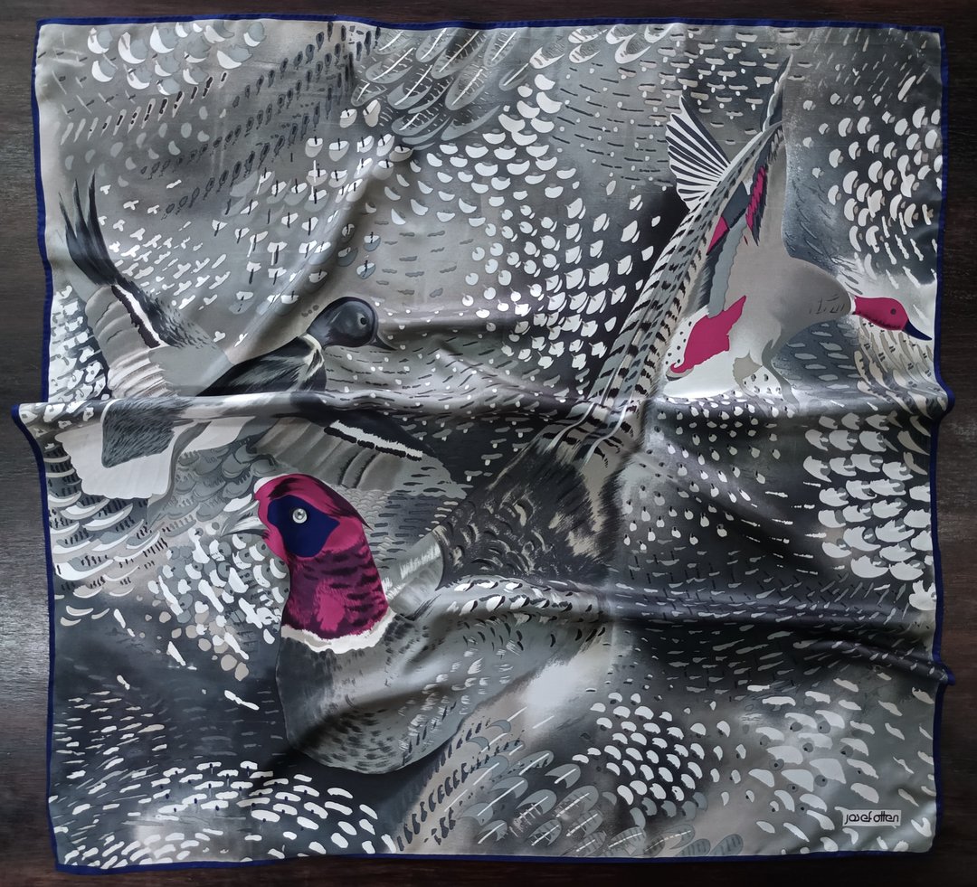 复古 JOSEF OTTEN 丝巾，34 x 35 英寸，雁鸭图案，丝绸，礼物 - 丝巾 - 丝．绢 灰色