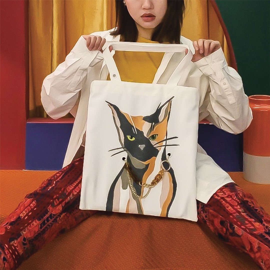 猫咪双面插画帆布包白色-三花猫(包链项链两用) - 手提包/手提袋 - 聚酯纤维 白色