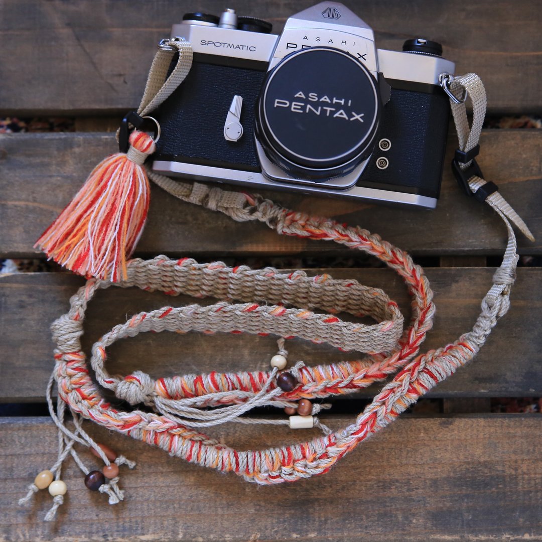 Knit linen camera strap-orange / double ring - 相机背带/脚架 - 棉 橘色