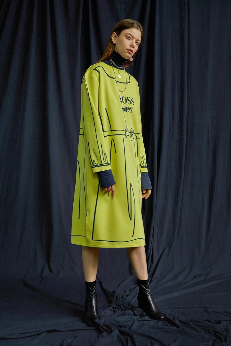 线条插画洋装  莱姆黄 - 洋装/连衣裙 - 棉．麻 黄色