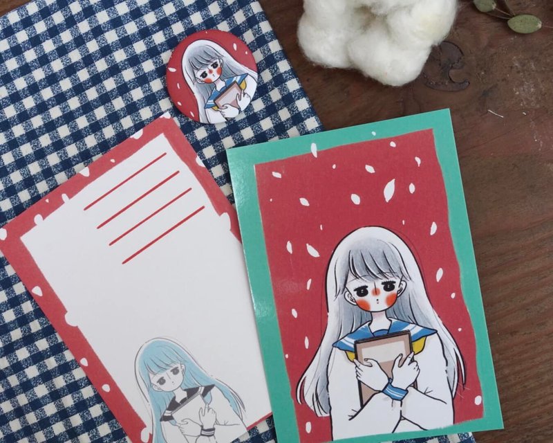 明信片 水手服少女-红底白点 - 卡片/明信片 - 纸 