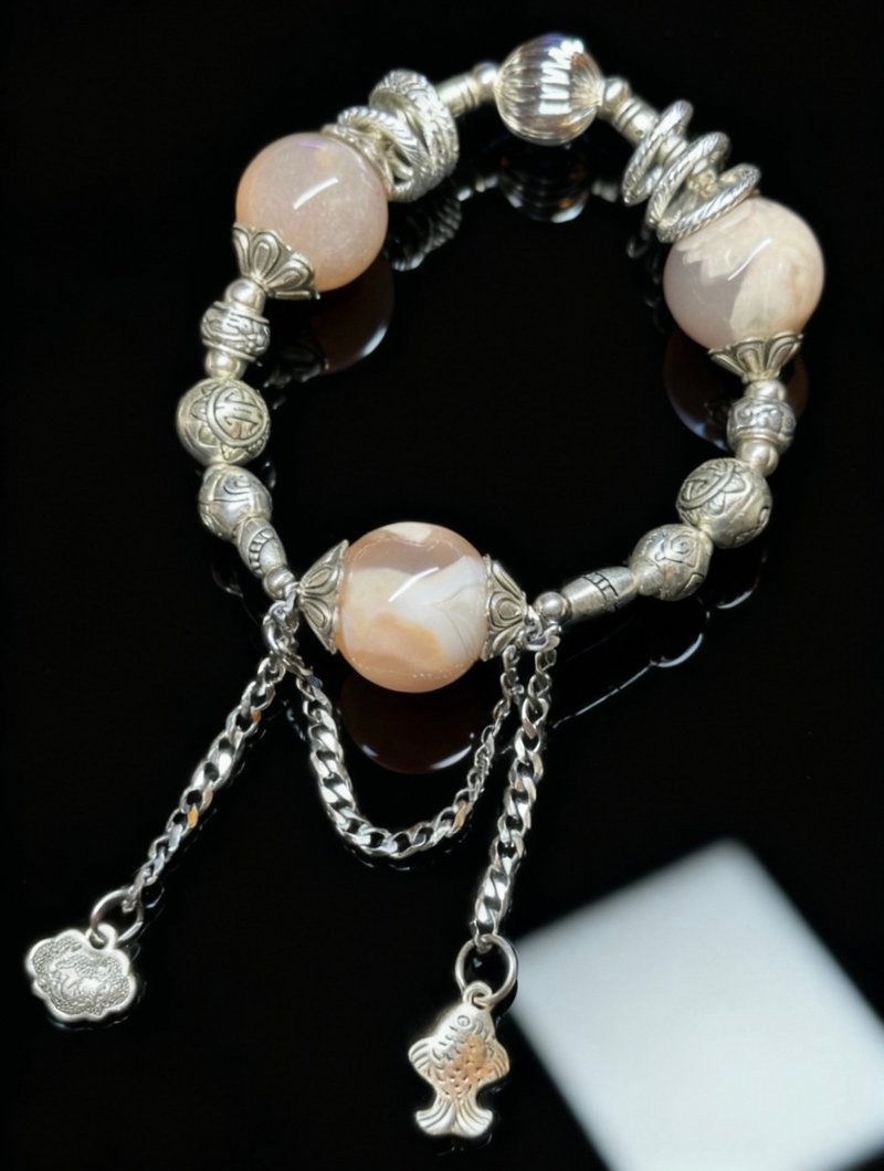 Crystal.EAA 设计款水晶手链 孤品 银韵锦鲤锁心 樱花玛瑙 藏银 - 手链/手环 - 水晶 粉红色