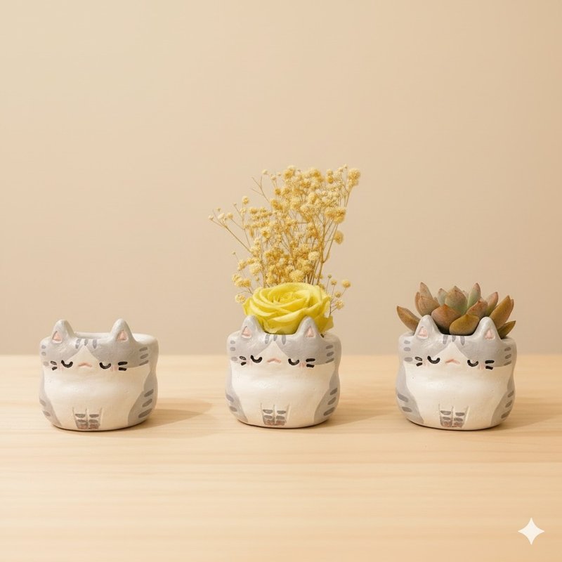 灰虎斑猫手工水泥扩香盆 水晶扩香 干燥花 永生花 香氛石 盆器 - 干燥花/捧花 - 水泥 