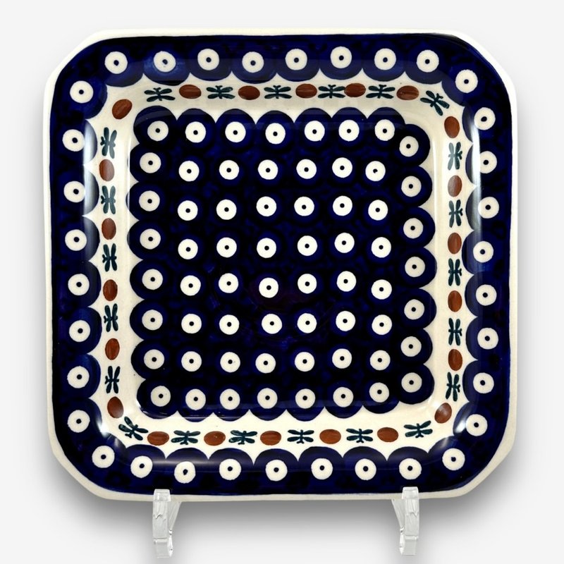 波兰手绘手工陶-方型盘 20cm 孔雀眼系列 设计师款 - 盘子/餐盘/盘架 - 陶 蓝色