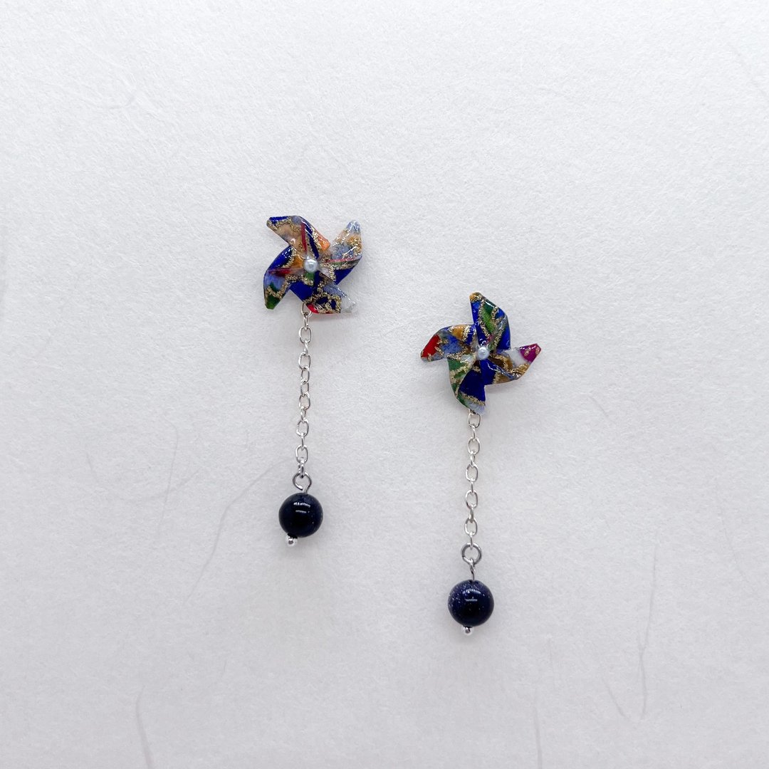Chearrings | 日本和纸 手工折纸 风车耳环 | 款式 W003 | 两戴 - 耳环/耳夹 - 纸 蓝色