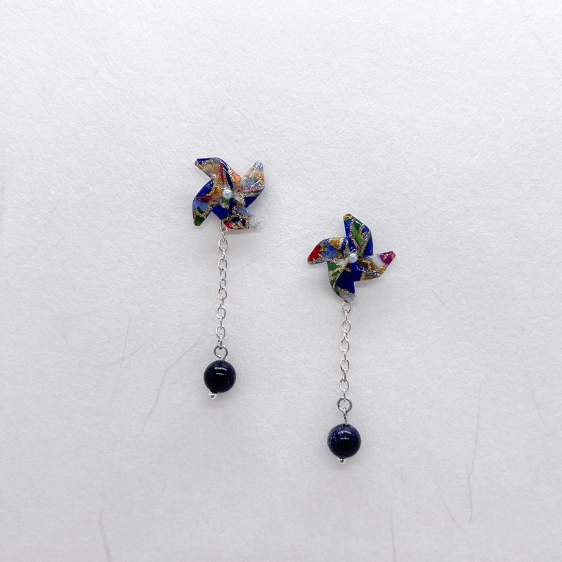 Chearrings | 日本和纸 手工折纸 风车耳环 | 款式W003 | 两戴 - 耳环/耳夹 - 纸 蓝色
