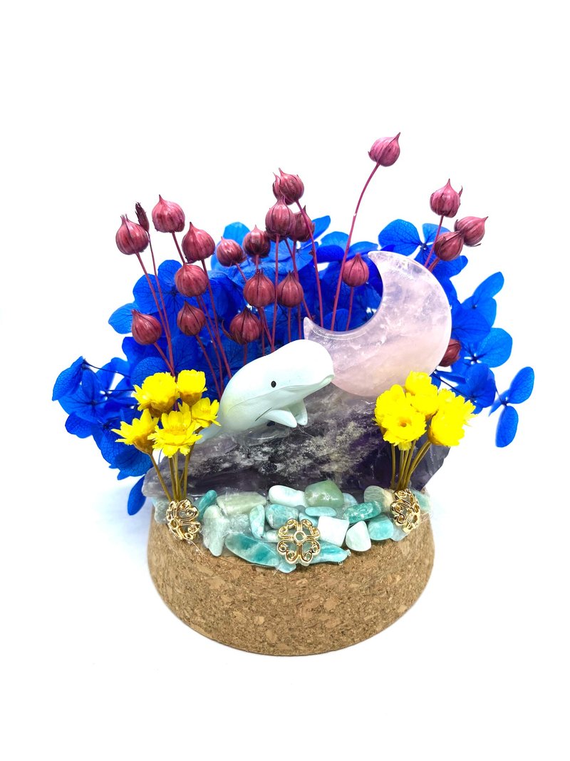海底花园-海豚与粉水晶月亮/紫水晶-公仔/水晶/干燥花玻璃罩摆设 - 摆饰 - 水晶 