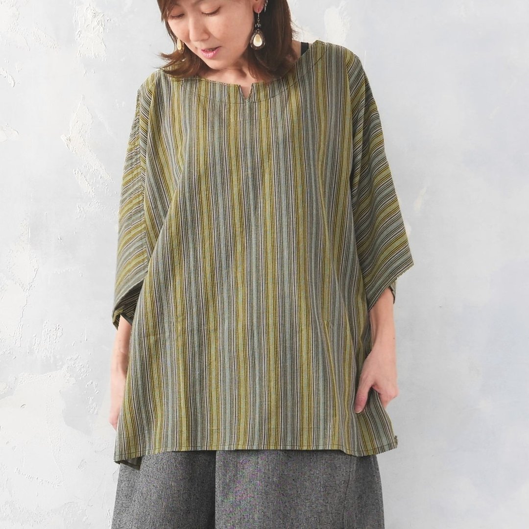 条纹、V领、宽松休闲版型、七分袖、罩衫、衬衫、上衣、绿色、d-tp531 - 女装上衣 - 棉 绿色