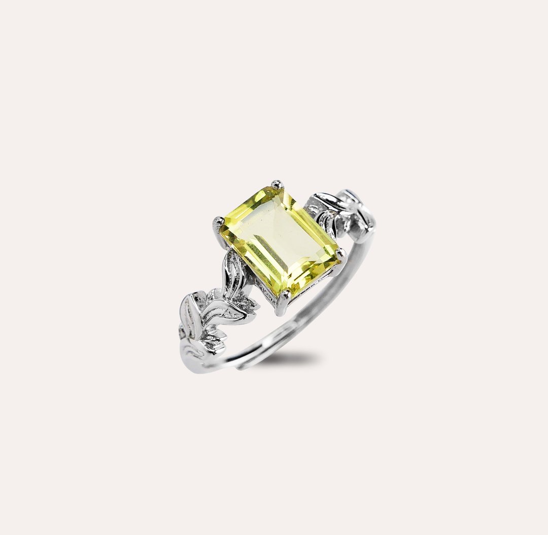 安珠 柠檬晶 黄色 绿色 长方 6*8mm 戒指 自然系列 Vine 宝石银 - 戒指 - 银 黄色
