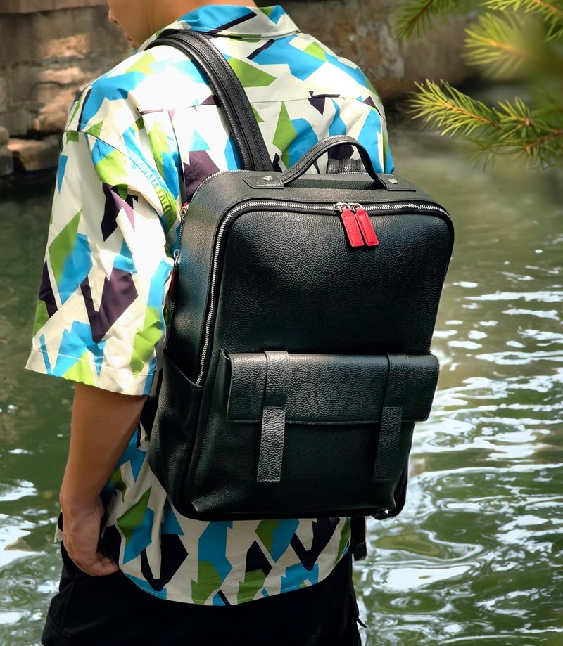 极简英倫牛皮雙肩包 真皮後背包 手提包 筆電包 書包【免費刻字】 - 后背包/双肩包 - 真皮 黑色