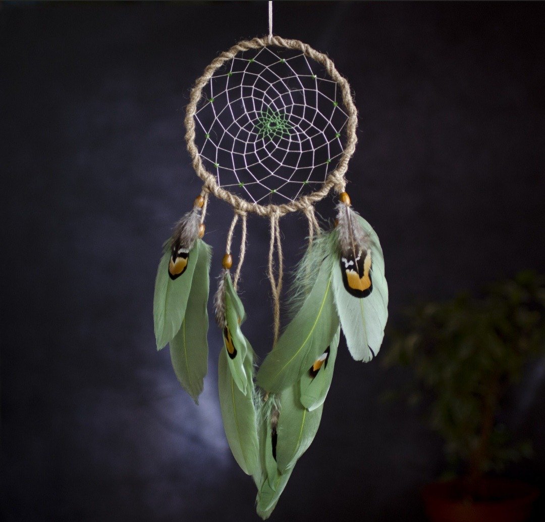 Natural green beige dream catcher authentic dreamcatcher rustic style bedroom - 墙贴/壁贴 - 绣线 绿色