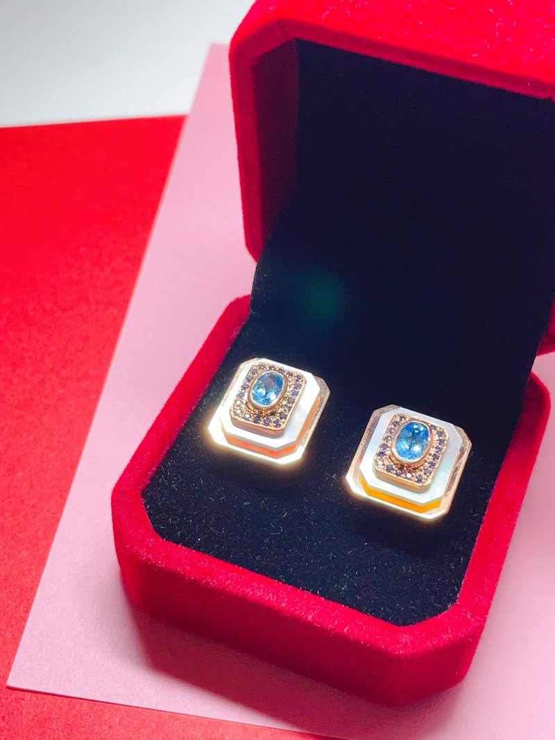 S925纯银蓝色托帕石 贝母片及蓝宝耳环 - 耳环/耳夹 - 纯银 红色