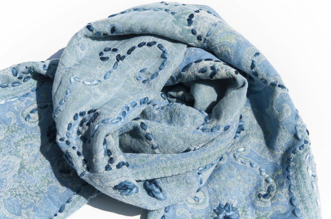 喀什米尔 Cashmere/水煮羊毛披肩/针织围巾/刺绣围巾/羊绒披巾 - 花 - 围巾/披肩 - 羊毛 蓝色