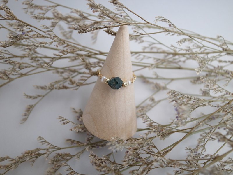 圣诞礼物【戒指】链戒 14K 包金 注金  水草玛瑙 珍珠戒指 - 戒指 - 贵金属 绿色