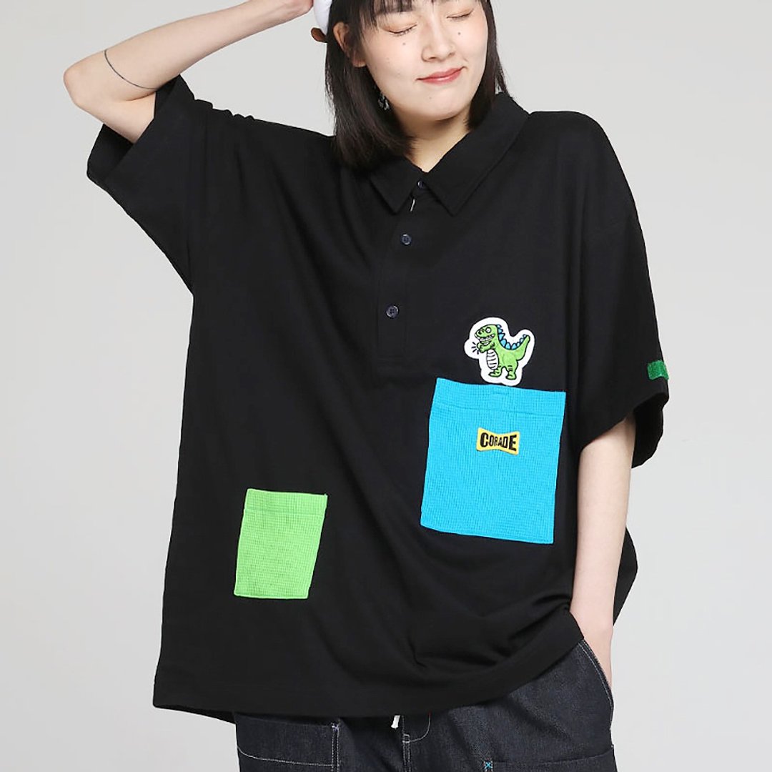 新款小恐龍黑色短袖Polo衫T恤 寬版  刺繡貼布 男女中性 母親節 - 女装 T 恤 - 棉 黑色