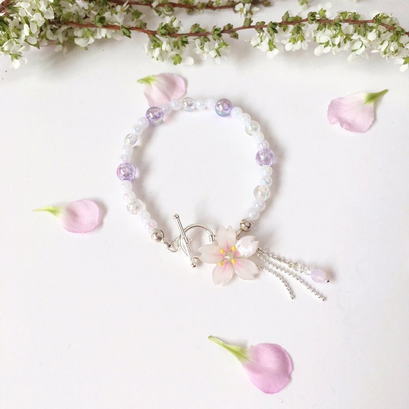 *Haku·Neko* [桜花限定系列] 梦幻幻彩白樱花流星水晶T扣925纯银手链 手錬 - 手链/手环 - 植物．花 紫色