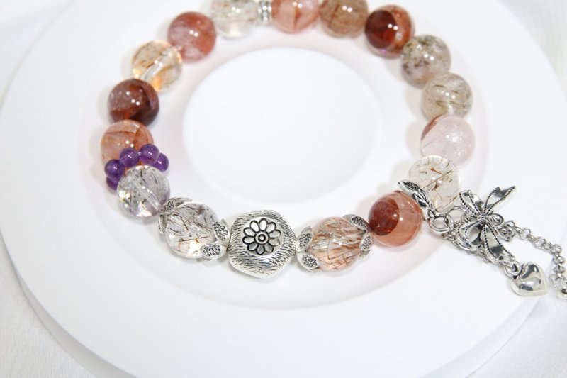 翠铜幻彩 | 绿发晶。红铜发晶。红胶花。黑金超。紫水晶 - 手链/手环 - 宝石 透明