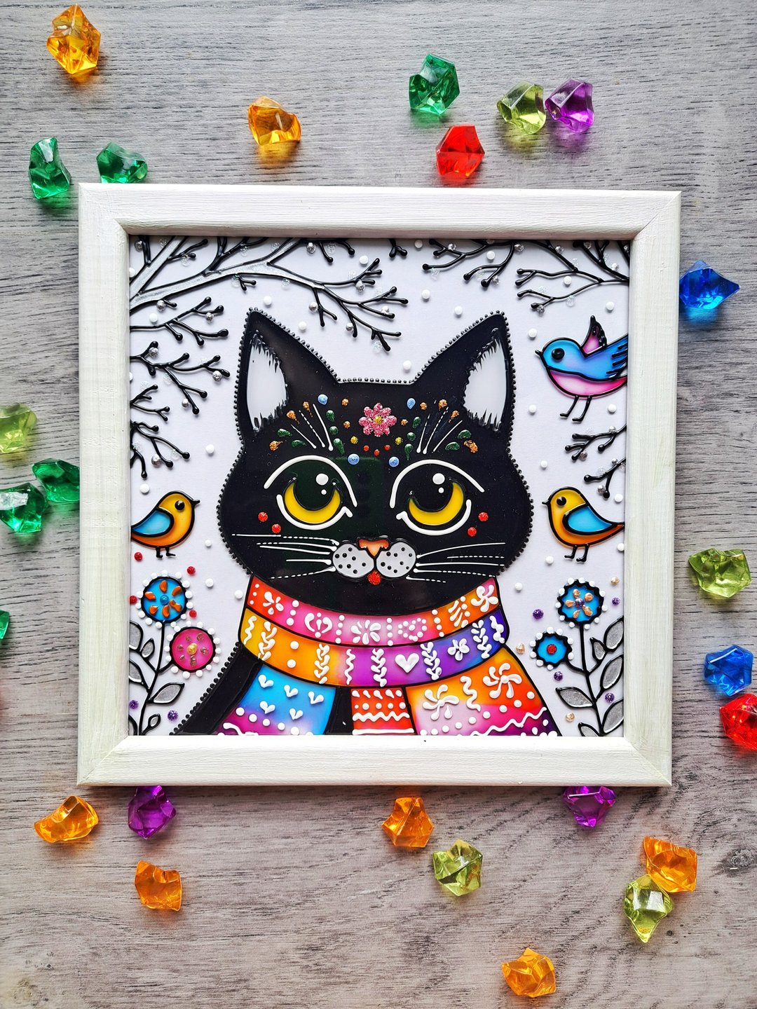 黑猫与鸟彩色玻璃原画儿童房艺术独特的装饰 - 墙贴/壁贴 - 玻璃 白色