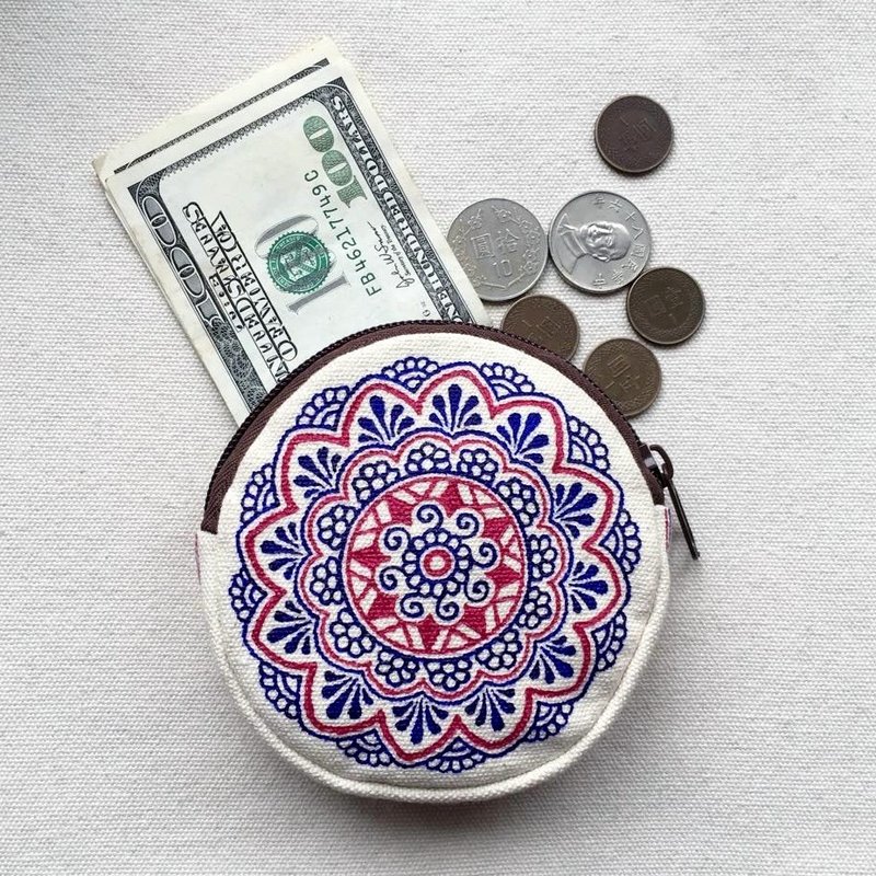 圆型 手绘零钱包 3C收纳包 蓝色 玫红 Henna Mandala 设计 彩绘 汉娜 蔓蒂 曼陀罗 禅绕 民族 印度彩绘 帆布 - 零钱包 - 其他材质 蓝色
