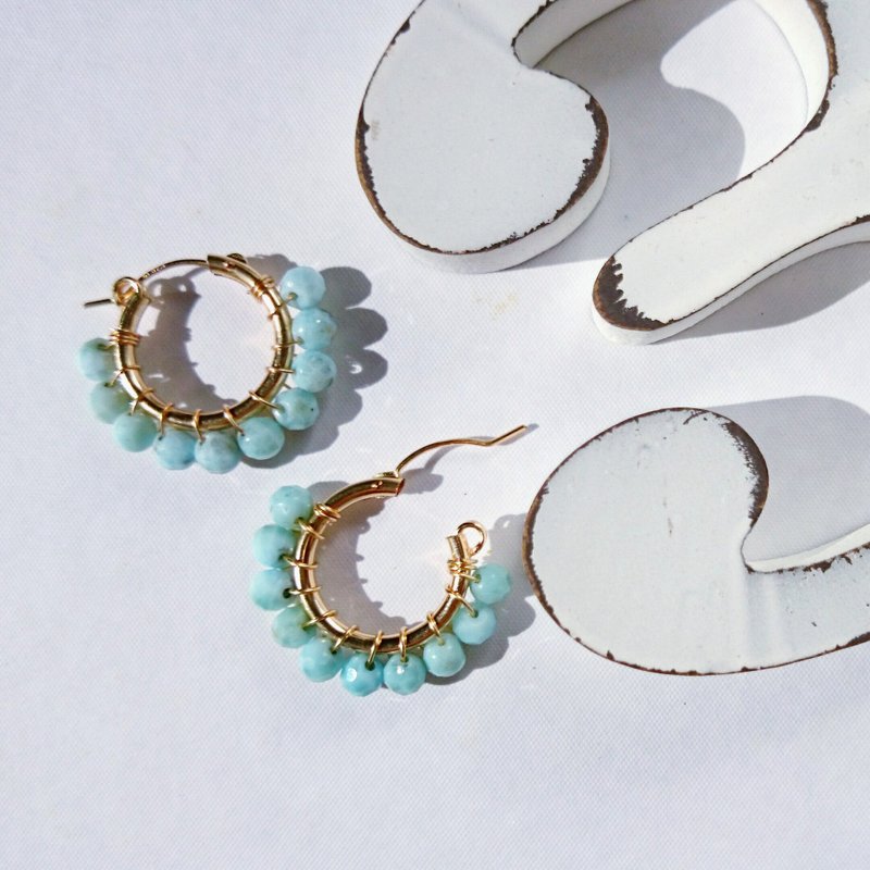 14kgf ♡ AA + larimar wrapped hoop pierce / earring - 耳环/耳夹 - 宝石 蓝色