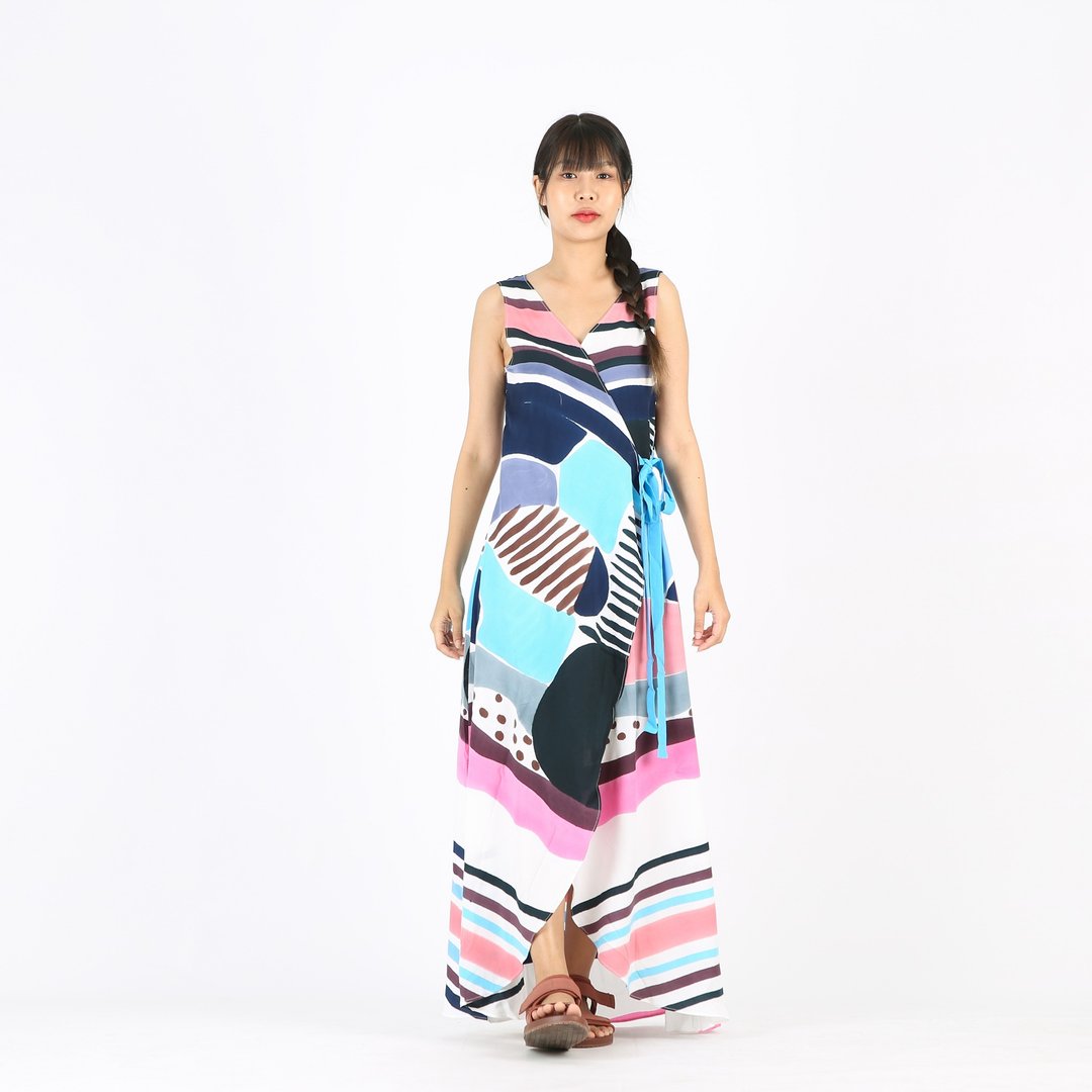 Long Dress Wrap Cotton Rayon Hand Paint - 洋装/连衣裙 - 棉 蓝色