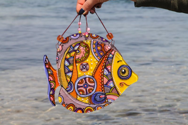 鱼玻璃墙板多彩艺术彩绘家居装饰独特的个人化礼物 - 墙贴/壁贴 - 玻璃 多色