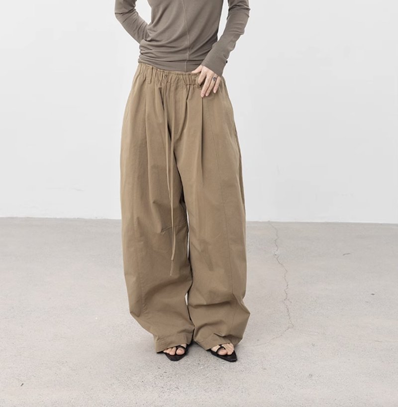 法式复古 抽绳收褶天丝棉长裤 松紧腰 - 女装长裤 - 其他材质 黄色