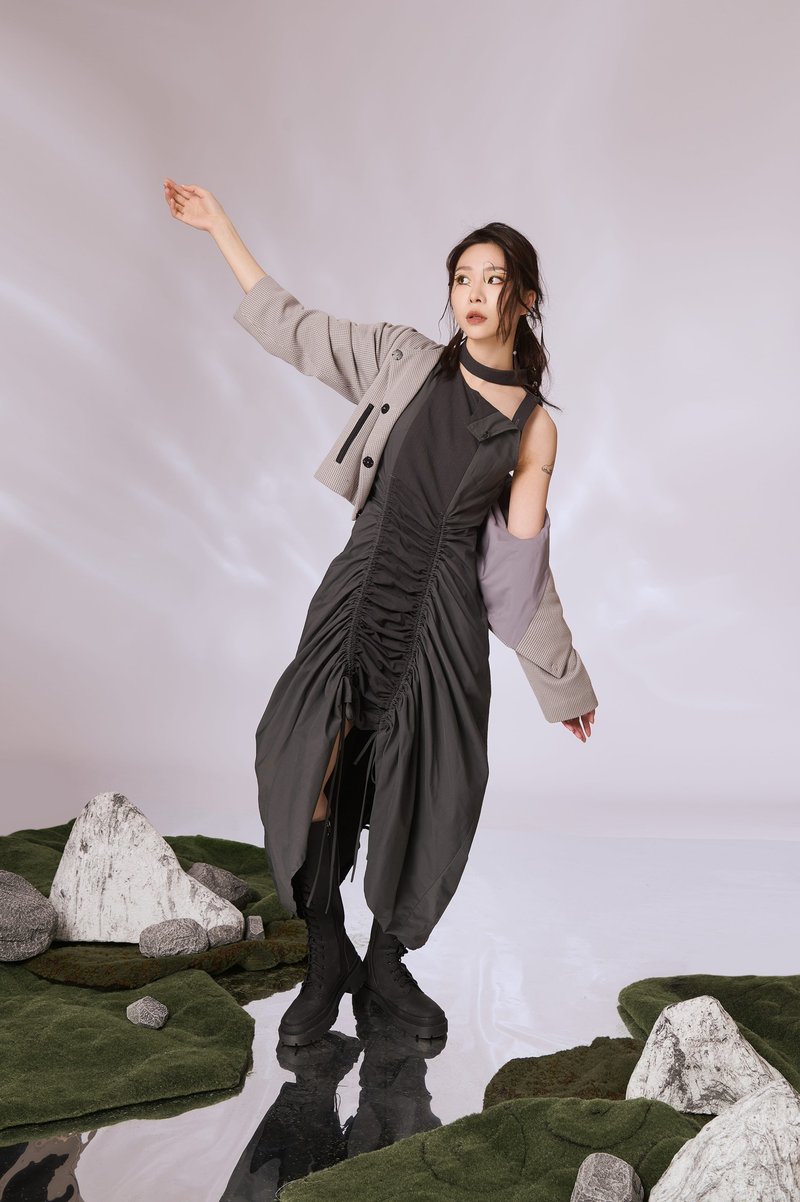 束绳伞裙 - 灰 - 洋装/连衣裙 - 其他人造纤维 灰色