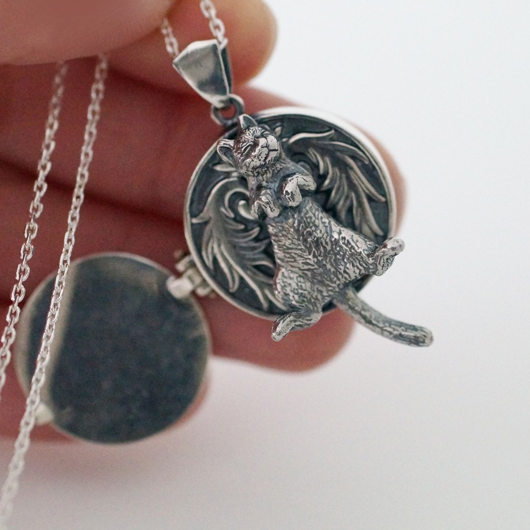 Cat locket pendant - 项链 - 纯银 银色