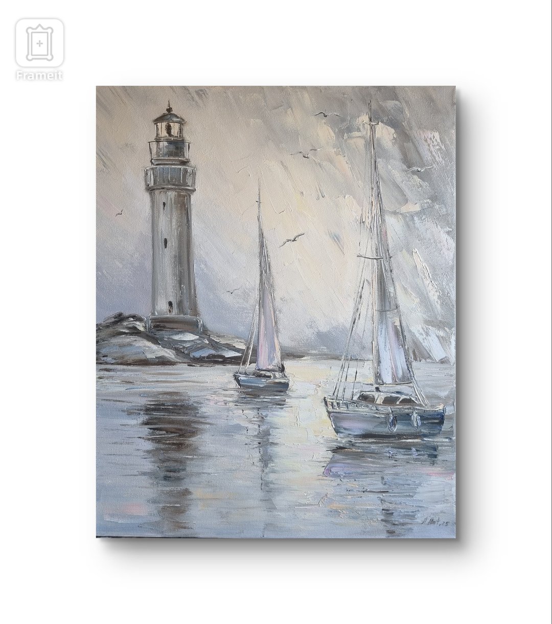 海景油画灯塔绘画帆船艺术品 - 墙贴/壁贴 - 棉 灰色