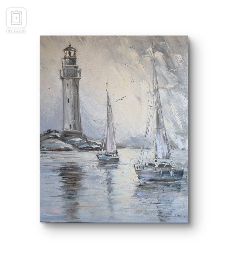 海景油画灯塔绘画帆船艺术品 - 墙贴/壁贴 - 棉．麻 灰色