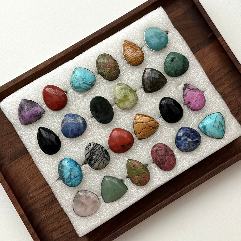 【复古宝石戒】黑玛瑙 蓝 绿东陵 紫水晶 粉晶 大理石 介指戒指 - 戒指 - 石头 多色