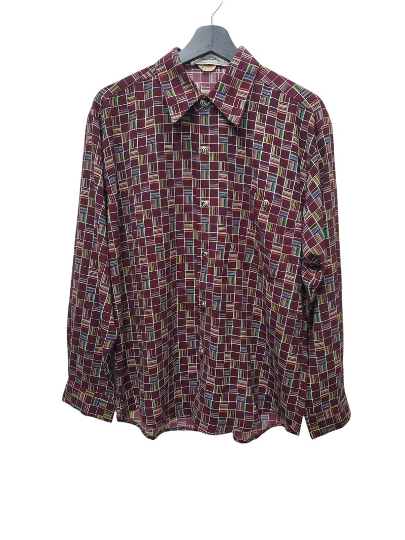 欧洲古着 意大利 雪纺 格纹 酒红色 金属钮扣 M号 近全新 - 男装衬衫 - 棉．麻 多色