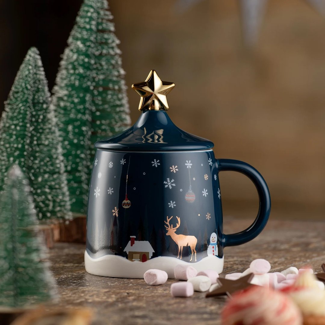 爱尔兰Belleek Living  圣诞系列 圣诞夜景马克杯+搅拌棒 350ml - 咖啡杯/马克杯 - 瓷 红色